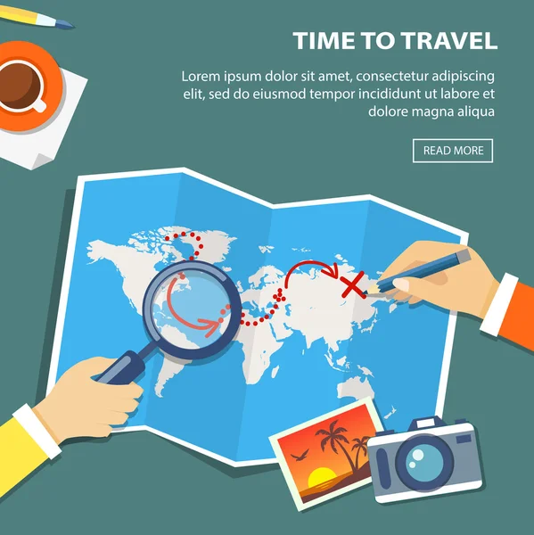 Flat banner of travel planning. Desktop with obiects and hands. — Stock Vector