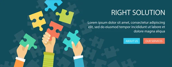 Plochý nápis správné řešení. Ruce držící puzzle kousky. — Stockový vektor