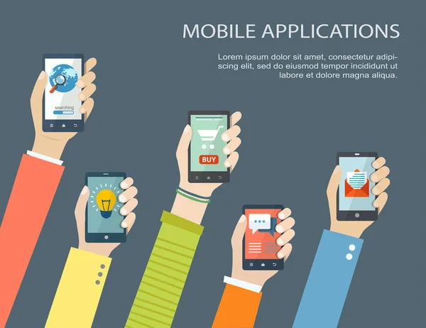 Concept d'application mobile. Mains tenant des téléphones . — Image vectorielle