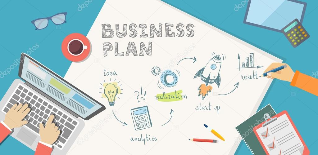 Flat banner of bussiness plan in doodle style. Idea, anaytics, r