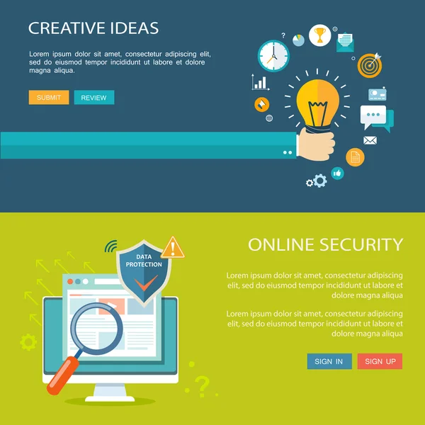 Seguridad en línea e ideas creativas conjunto de baners planos — Vector de stock