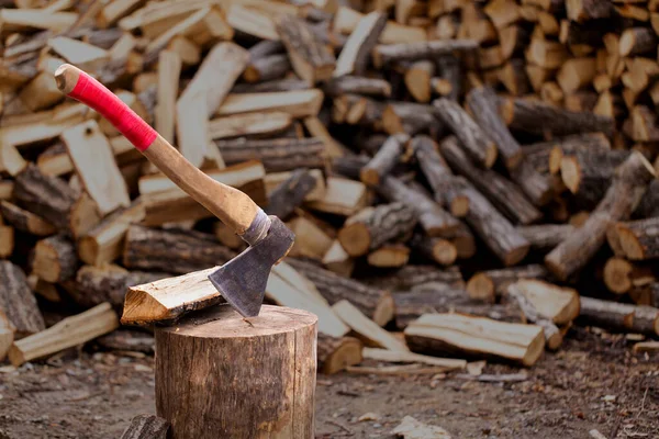 斧头插在锯成的、用碎木柴做背景的旧木块上的一种木制的老斧头. — 图库照片