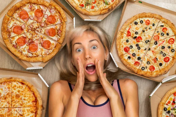 A young girl with blond hair in a pink tank top holds her face with her hands and screams in surprise. Colorful pizza.