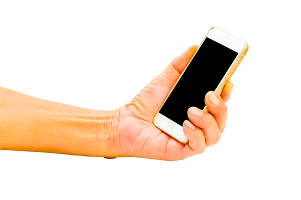 Old man hand holding phone isolated on white background — Stock Photo, Image