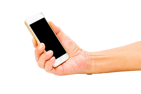 Old man hand holding phone isolated on white background — Stock Photo, Image