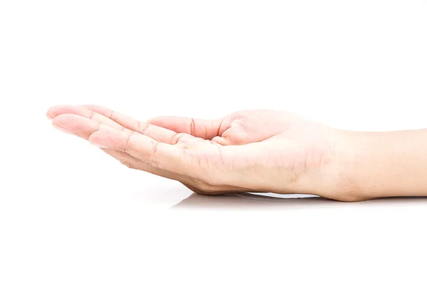 Woman hands with open palms over white table — Stock Photo, Image