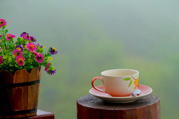 Coffee cup and flower pot on the wooden deck. — Stock Photo, Image