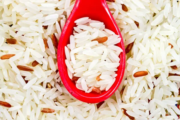 Grain rice in a red color  spoon — Stock Photo, Image