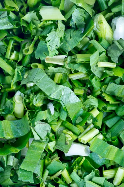 Stücke grünen Gemüses grüne Zwiebeln auf dem Boden — Stockfoto