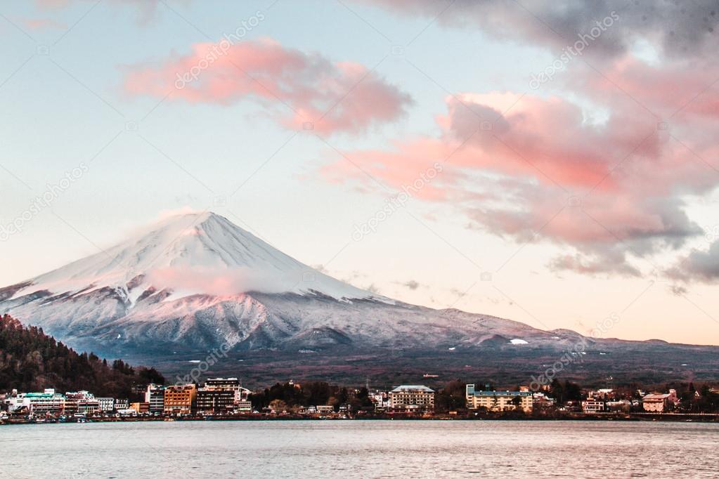 sacred mountain of Fuji on  top covered with snow in Japan.