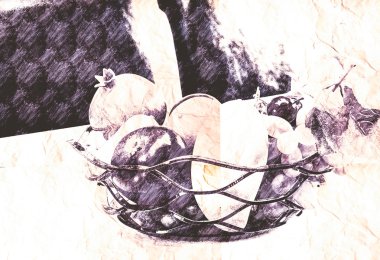 El meyve masada vintage kağıt üzerinde çizimi