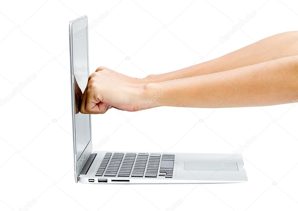 woman fist hit to the monitor of the laptop on white table