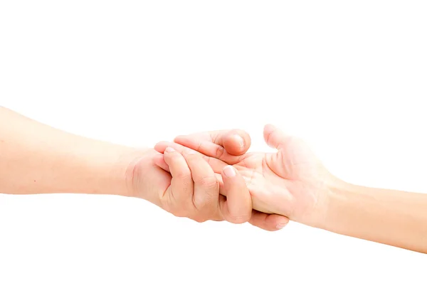 Casal amoroso de mãos dadas no fundo branco — Fotografia de Stock