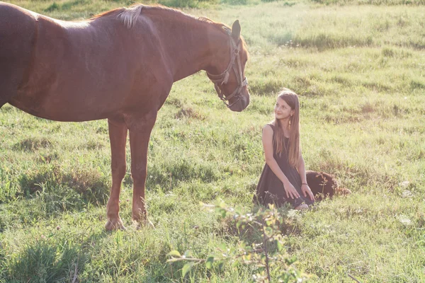 少女と太陽に照らされたフィールドに彼女の馬 — ストック写真