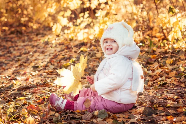 Édes gyerek, az őszi levelek ülnek, és mosolyogva — Stock Fotó