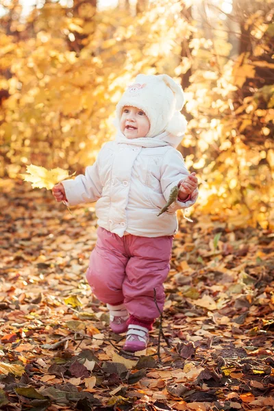 Bedårande barn girl med blad i parken vid solig höstdag — Stockfoto