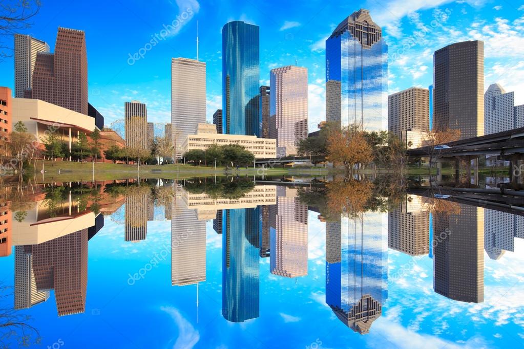 Houston Texas Skyline with modern skyscrapers and blue sky view ⬇ Stock