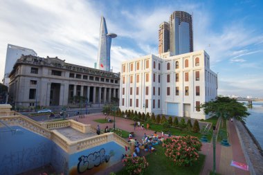 HO CHI MINH CITY, VIETNAM - JULY 21, 2015 : View of VietNam bank at downtown center with buildings across riverside Saigon river Ho Chi Minh City