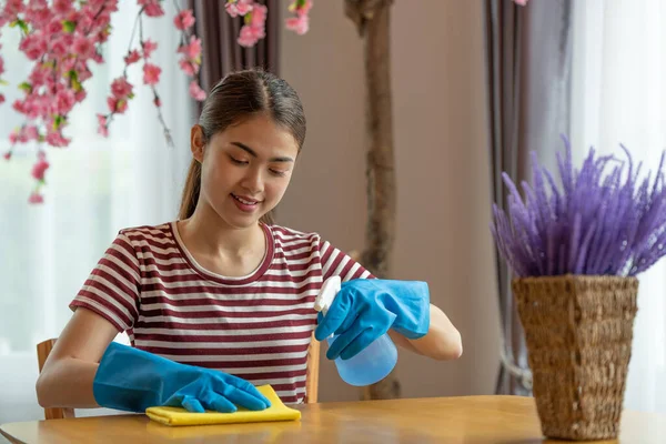 Asiática Dona Casa Usando Luvas Segurando Spray Limpando Mesa Sala — Fotografia de Stock