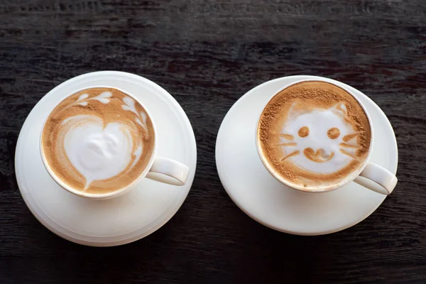 Close Cup Hot Latte Art Coffee Wooden Table — Stock Photo, Image