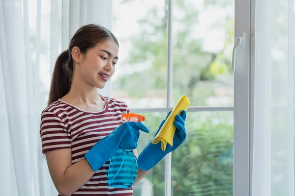 Ung Asiatisk Kvinna Hemmafru Bär Handskar Rengöringsglas Med Mikrofiberduk Och — Stockfoto