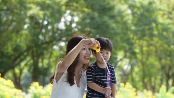 Mutlu Asyalı Aile Parkta Sabun Köpüğüyle Oynayan Anne Oğlu Eğleniyor — Stok video