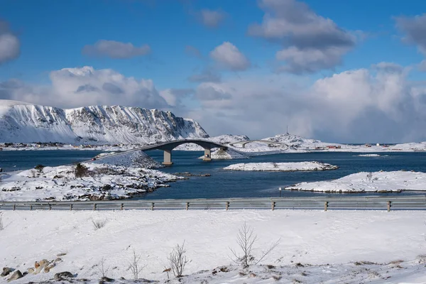 Beau Paysage Des Ponts Fredvang Saison Hivernale Îles Lofoten Norvège — Photo