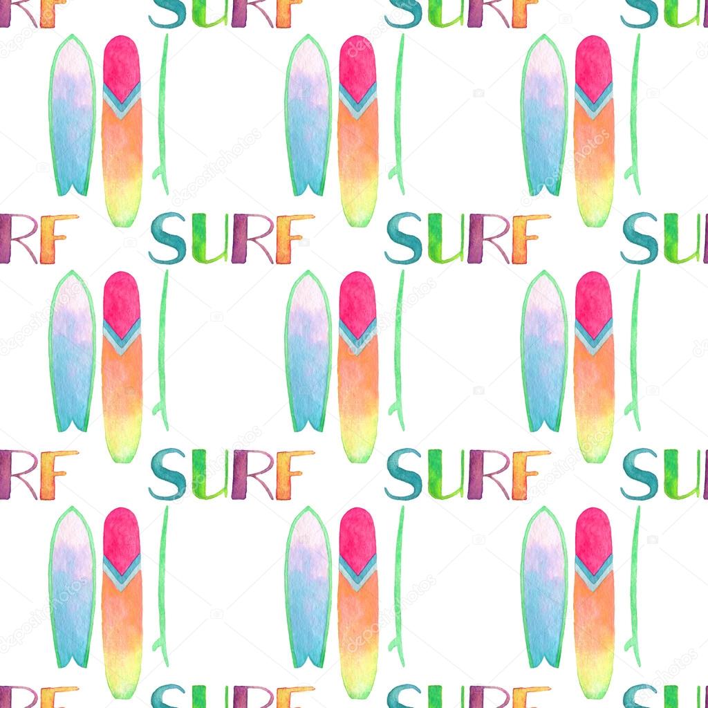 Surfing boards and surf word. Seamless vector pattern on surfing theme. Hand-drawn watercolor background.