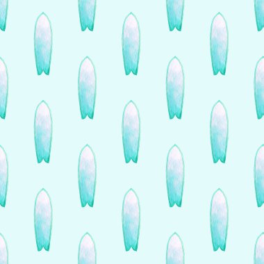 Sörf tahtaları. Sörf konulu kesintisiz vektör desen. Çizilmiş suluboya arka plan.