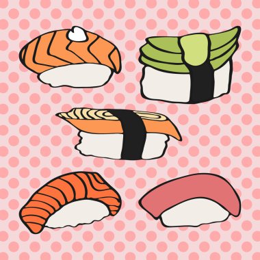 Sushi nigiri icons set. Hand-drawn collection of japanese food. Doodle drawing. Vector illustration