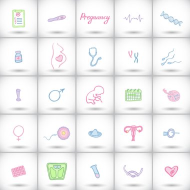 Big pregnancy icons set. Hand-drawn cartoon baby birth elements - baby, tools, female body, placenta, the egg and sperm, medical instruments. Vector illustration. clipart