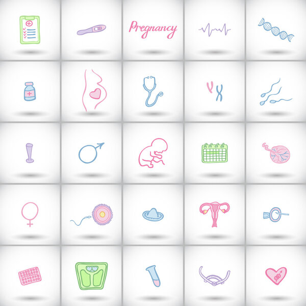 Big pregnancy icons set. Hand-drawn cartoon baby birth elements - baby, tools, female body, placenta, the egg and sperm, medical instruments. Vector illustration.