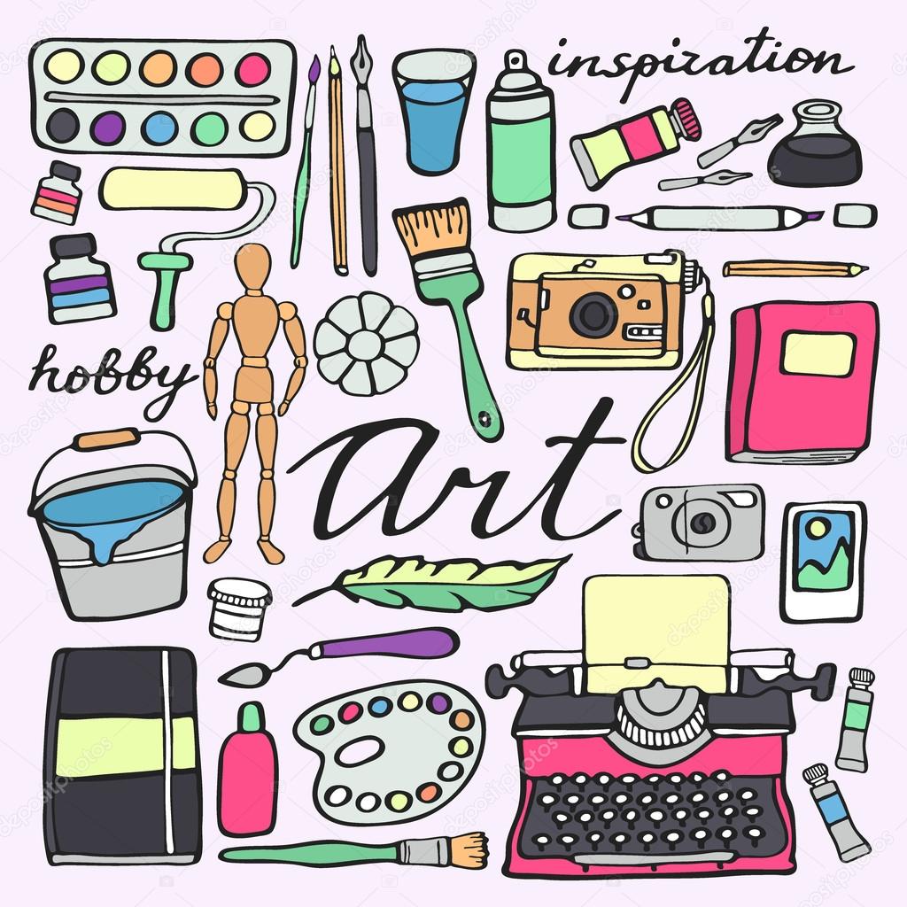 Art Supplies, Sketch Illustration. Drawing, Painting, Calligraphy