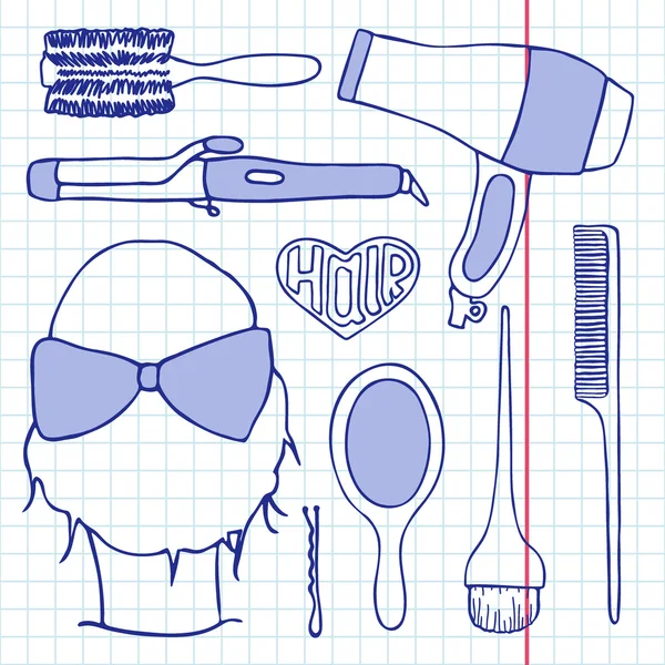 Juego de herramientas de peluquería. Colección de dibujos animados dibujados a mano de cosas para peinar el cabello - peine, cepillo de pelo, horquilla, espejo, secadora, espejo, cabeza. Ilustración vectorial — Vector de stock