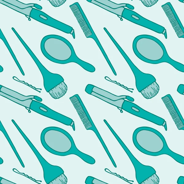 Hairdresser tools. Seamless pattern with beautician supplies - blowdryer, curler, brush, mirror, hairpin. Vector illustration - swatch inside — 스톡 벡터