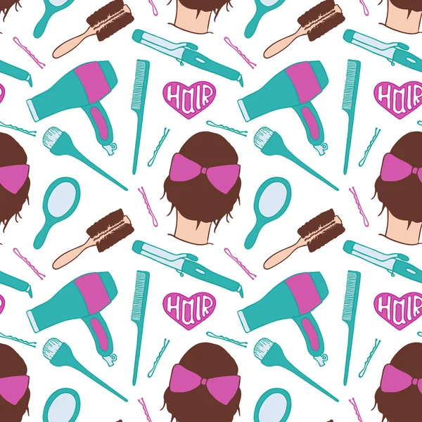 Hairdresser tools. Seamless pattern with beautician supplies - blowdryer, curler, brush, mirror, hairpin. Vector illustration - swatch inside — Stockový vektor