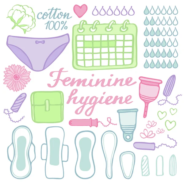 Set de higiene femenina. Dibujado a mano colección de dibujos animados de cosas de período mensual. Ilustración vectorial — Vector de stock