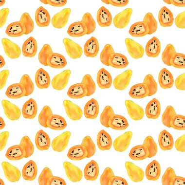Papaya ya da papaw. Meyve ile dikişsiz desen - papayas. Gerçek suluboya çizim.