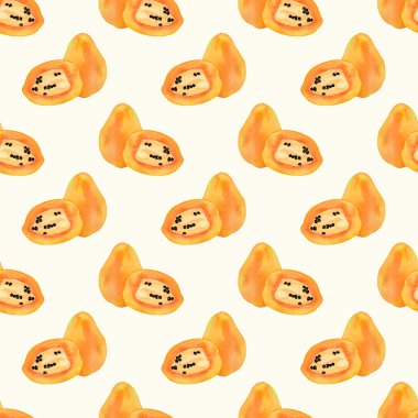 Papaya ya da papaw. Meyve ile dikişsiz desen - papayas. Gerçek suluboya çizim.