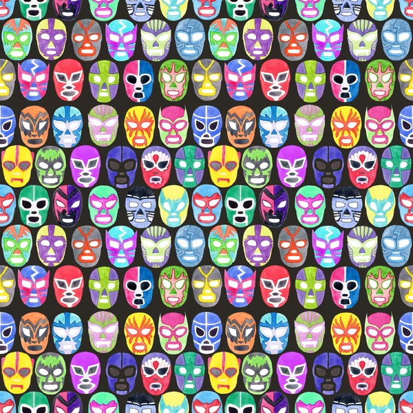 Luchador or fighter mask set. Seamless pattern with hand-drawn lucha libre - free fight - masks - helmets on the white background. Real watercolor drawing. — Stock Photo, Image
