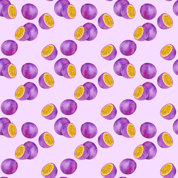 Passion fruit or maracuya. Seamless pattern with fruits  - passionfruit.  Real watercolor drawing. — Stock Photo, Image
