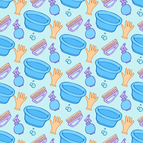 Strumenti di pulizia schizzo. Modello senza cuciture con icone dei cartoni animati disegnati a mano - lavabo, guanti, pennello, spray e bolle. Illustrazione vettoriale - campione all'interno — Vettoriale Stock