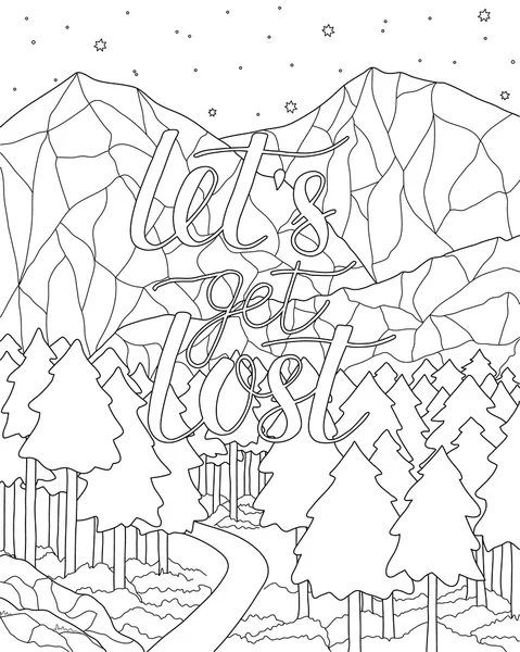 Paysages de montagne avec citation. Coloriage livre page . — Image vectorielle