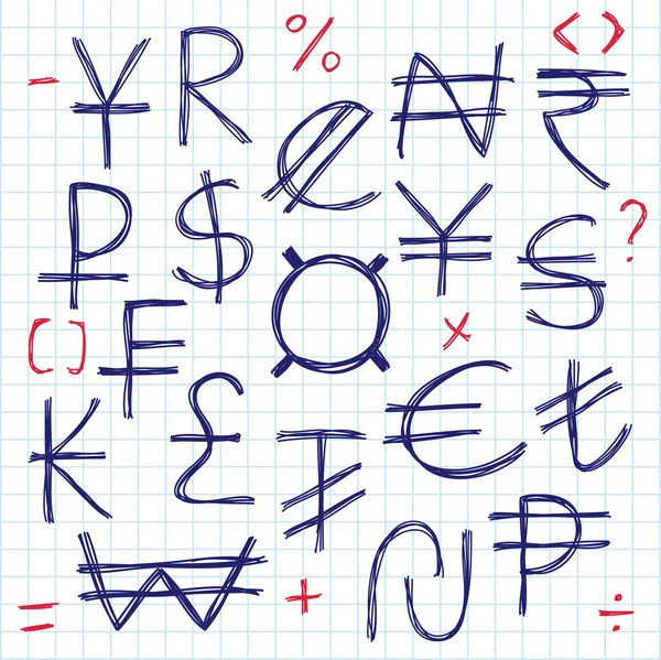 Conjunto de simples signos o símbolos de moneda dibujados a mano. Financiero y Contable — Archivo Imágenes Vectoriales