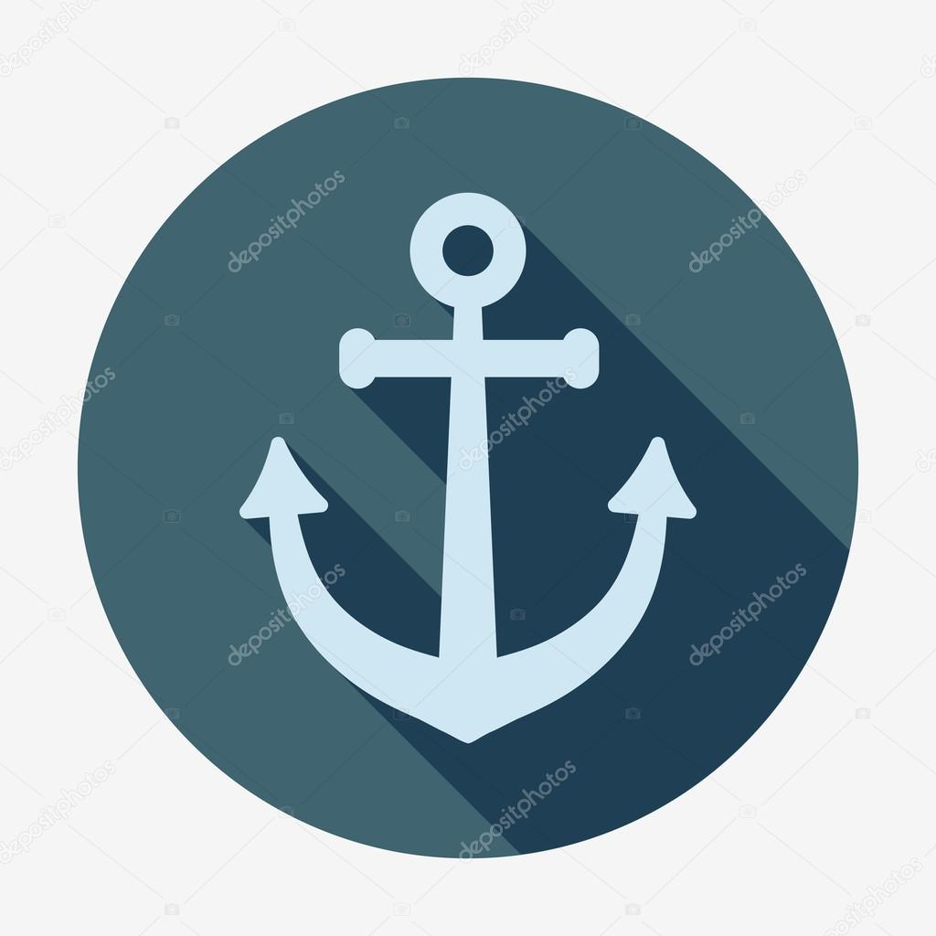 Anchor icon with long shadow.  Pirates and sea. Flat design style modern vector illustration. Isolated on stylish color background. Square flat long shadow icon. Elements in flat design.