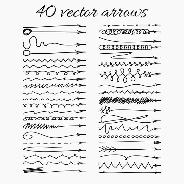 Conjunto de 40 flechas vectoriales dibujadas a mano. Ilustración vectorial . — Vector de stock