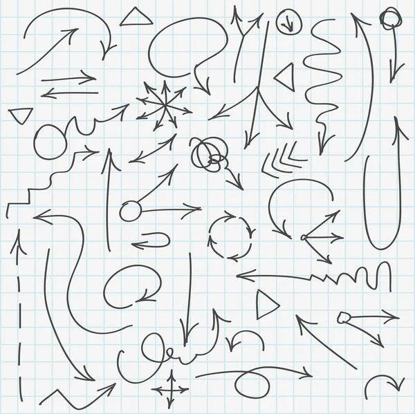 Serie di varie frecce disegnate a mano. Illustrazione vettoriale . — Vettoriale Stock