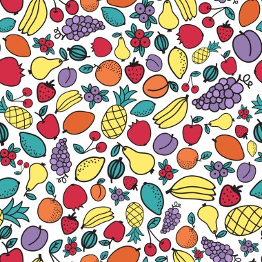 Seamless modeli çizilmiş farklı meyve ile. Vektör çizim.