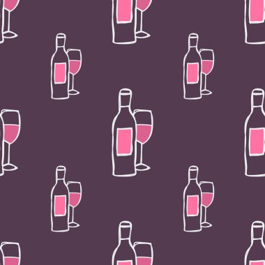 Seamless modeli çizilmiş. Vektör çizim. Şarap şişesi ve cam.