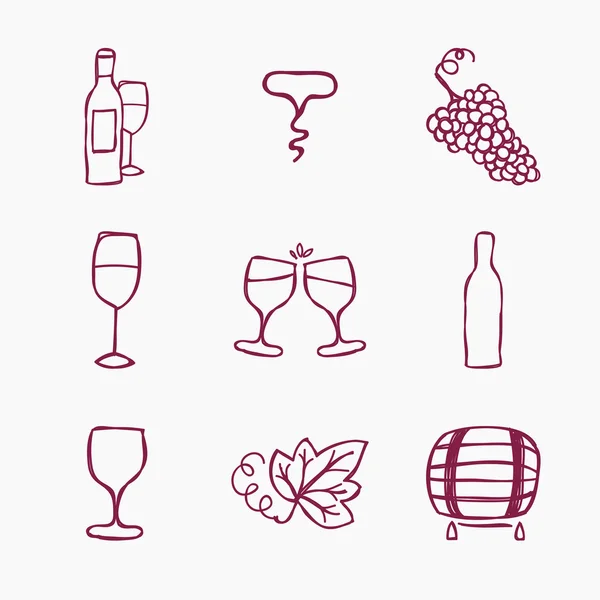 Conjunto de iconos vinícolas, ilustración vectorial. Botella, sacacorchos, uva madura, copa de vino, hoja de uva, mancha . — Vector de stock
